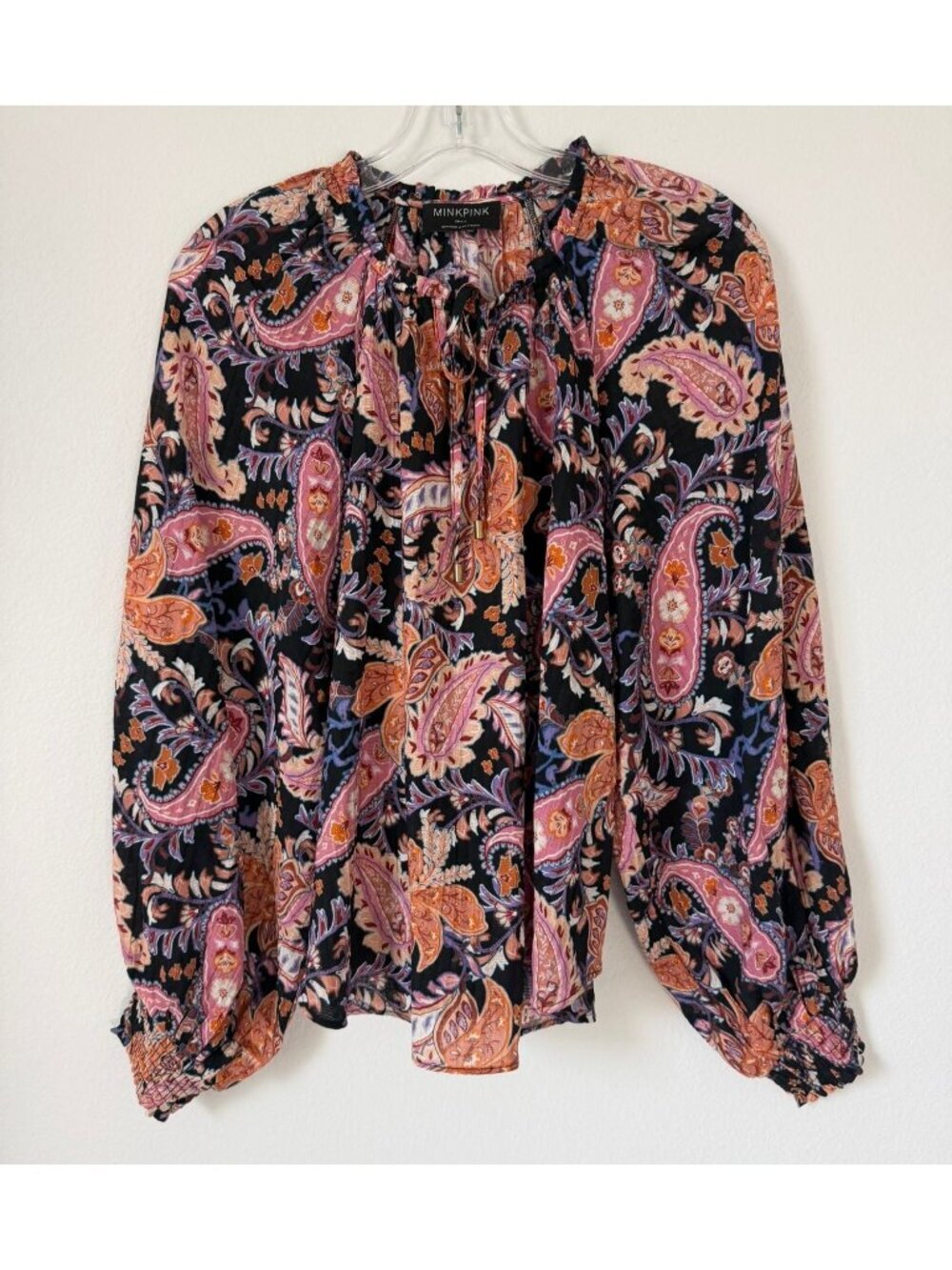 Minkpink Long Sleeve Ruffled Tie Neck Floral Paisley Boho Blouse Size S